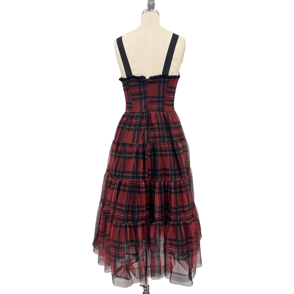 Betsey Johnson Plaid Mesh Tulle Tiered Midi Dress 4 Tartan Romantic Goth 90s - Picture 4 of 12